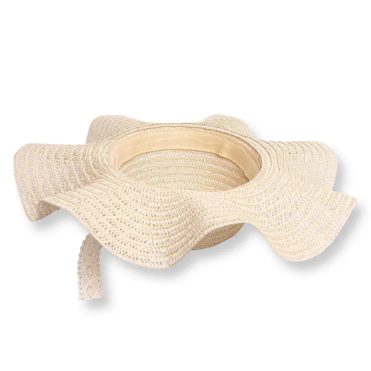 Ecru woven straw hat with ribbon trim and open inner brim view