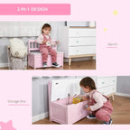 Pink 2-in-1 toy box bench showing open storage box and seated bench