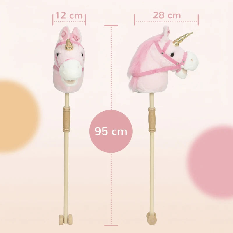 Pink plush unicorn stick horse with gold horn and white muzzle, full length