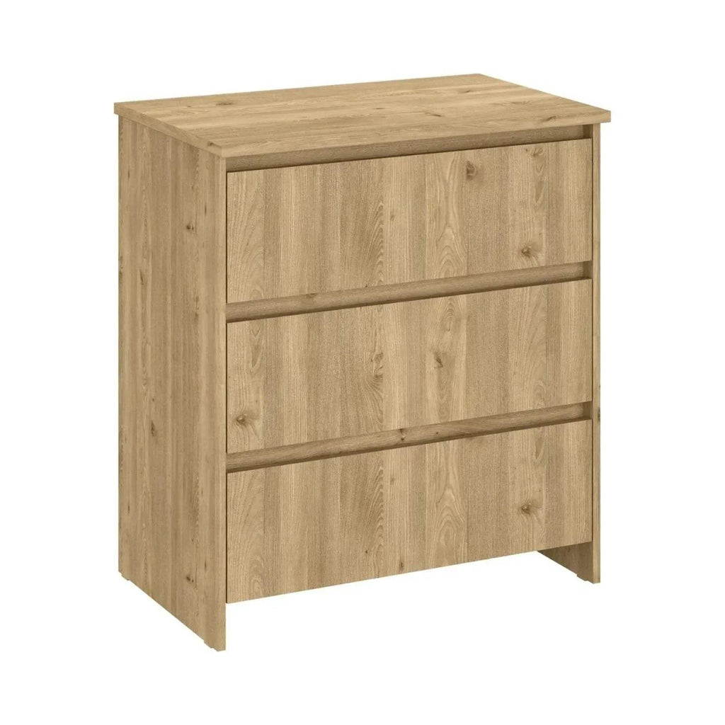 Light oak kids changing unit with three horizontal drawer panels and solid top