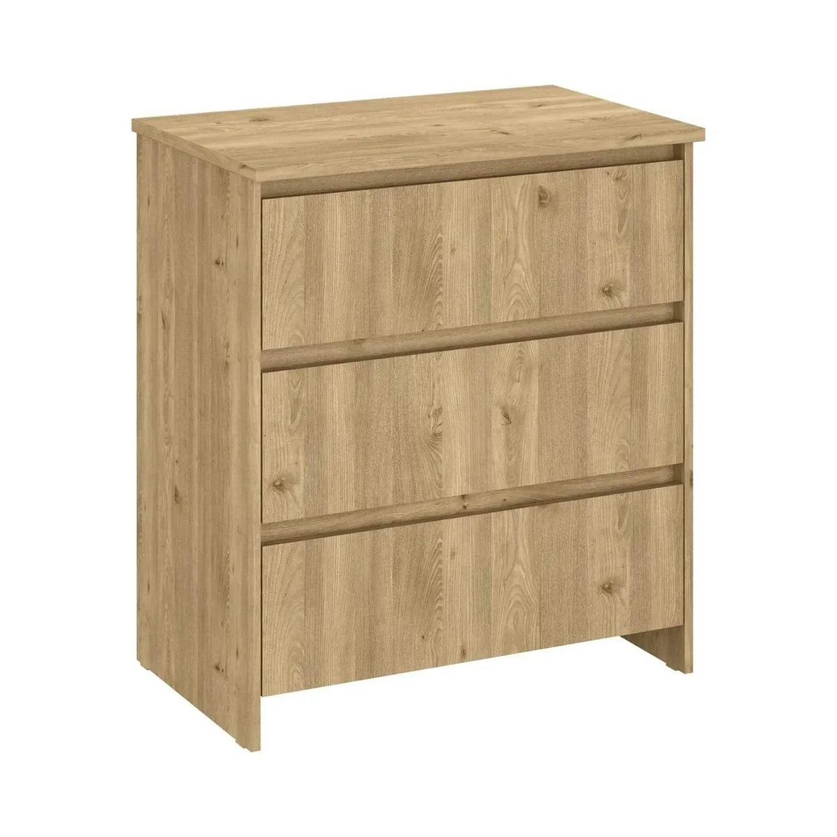 Light oak kids changing unit with three horizontal drawer panels and solid top