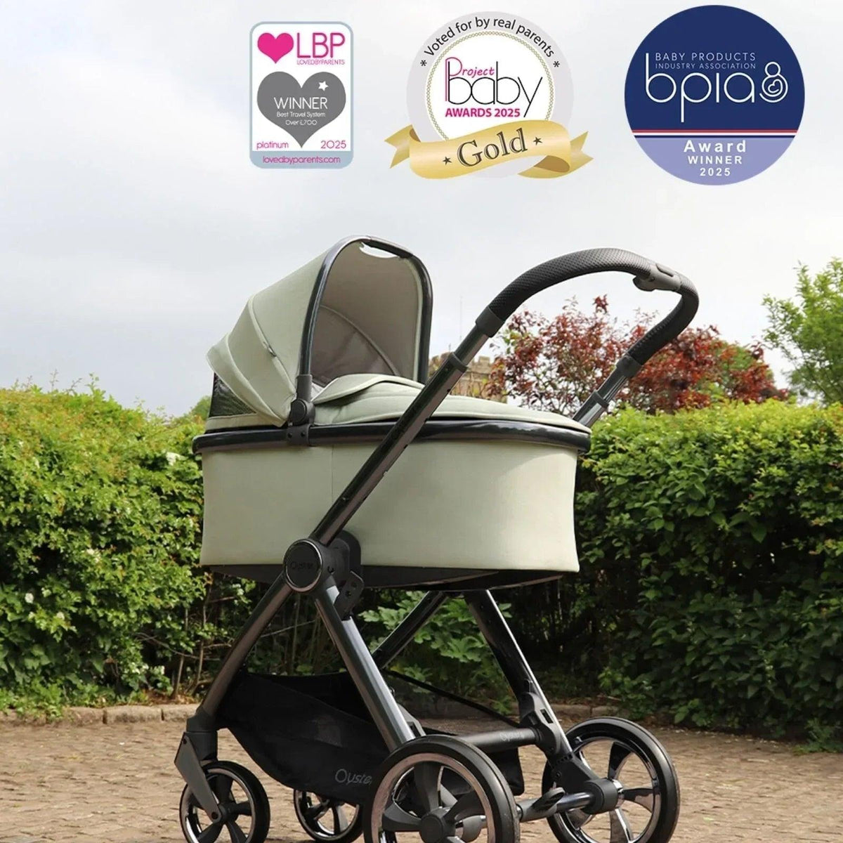 Chocolate-brown stroller with padded seat liner and canopy, visible wheels