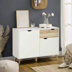 White sideboard cabinet with two doors and drawer, wood-grain drawer front