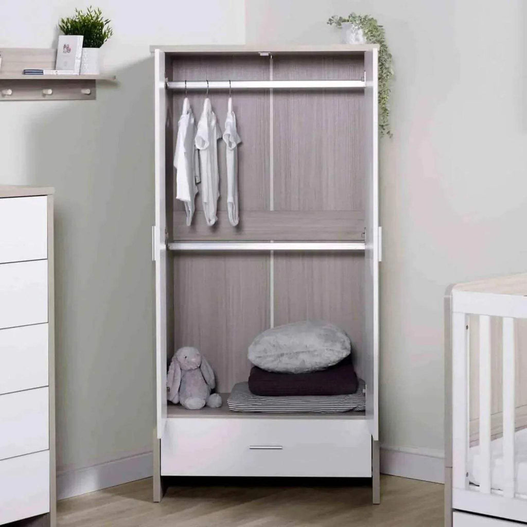 Open wardrobe with hanging rail and shelves, ash grey interior, white frame and doors