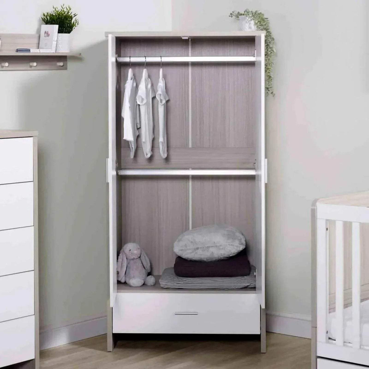 Open wardrobe with hanging rail and shelves, ash grey interior, white frame and doors