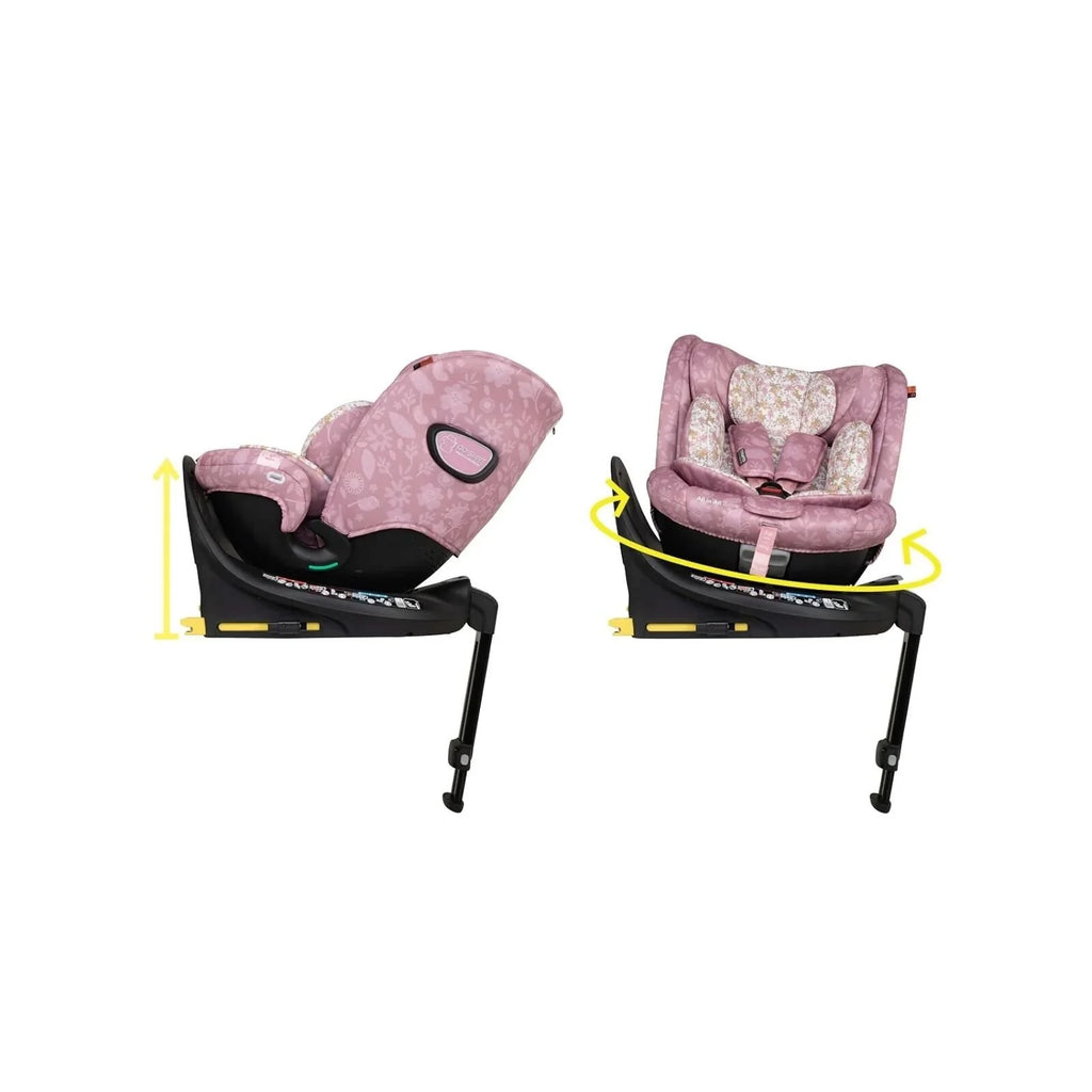 Cosatto i-Size car seat shown in rotated positions with pink floral upholstery