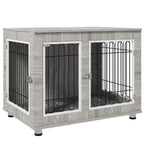 Grey indoor dog kennel with soft cushion, front and side double doors, black wire panels