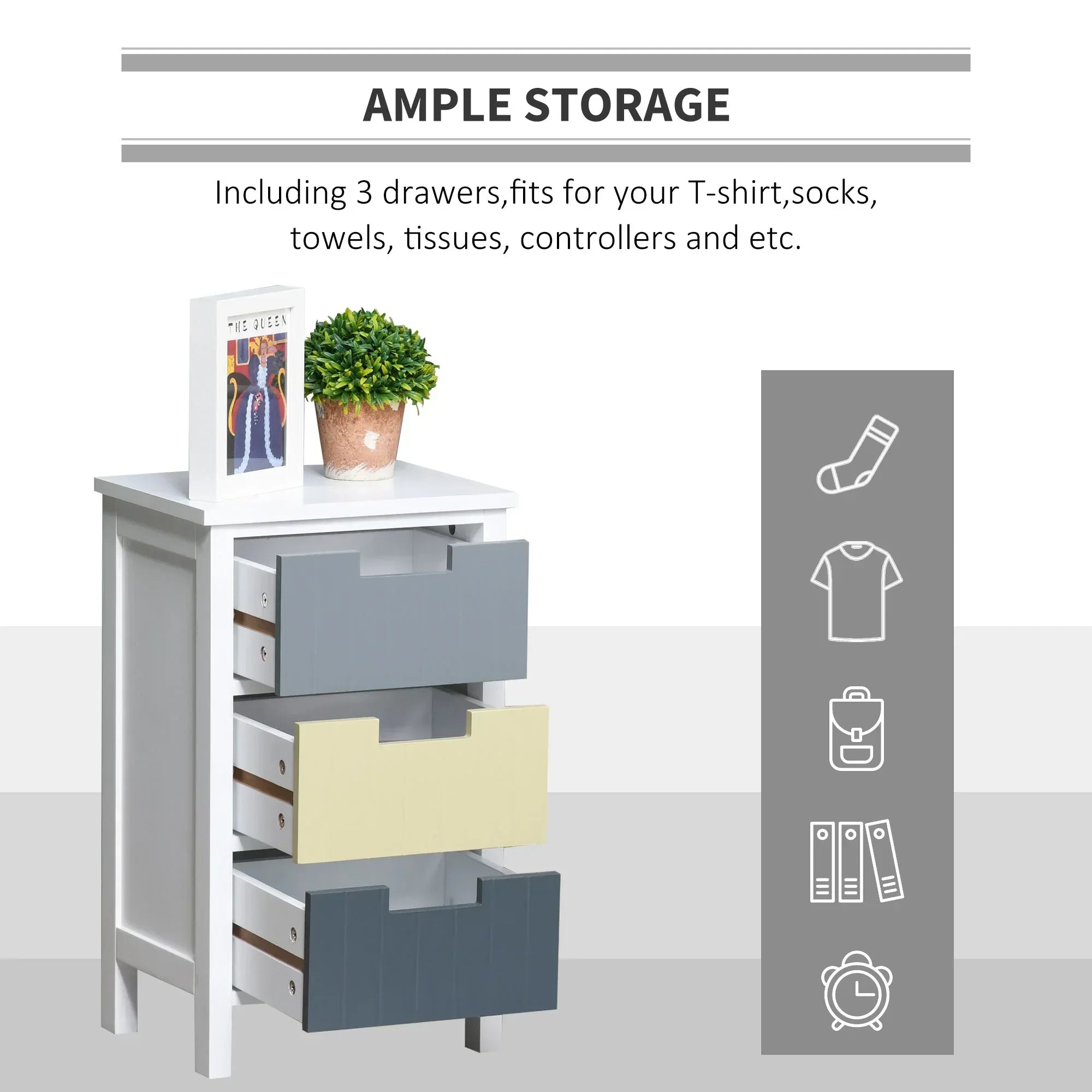 3 Drawer Storage Tower, Dresser Chest with Wood Top, Organiser Unit for Closets Bedroom Nursery Room Hallway - Bobobiy