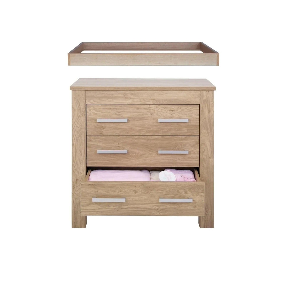 Oak baby dresser with open top shelf and three drawers, silver bar handles