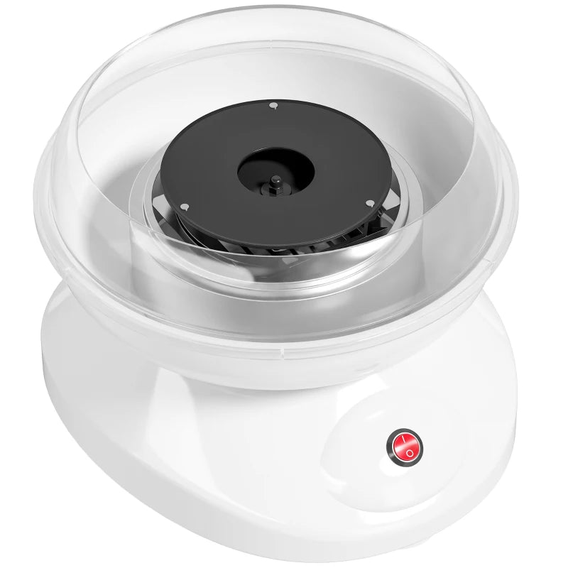 White electric cotton candy maker with clear bowl, black heating plate, and red switch