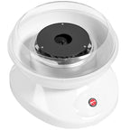 White electric cotton candy maker with clear bowl, black heating plate, and red switch
