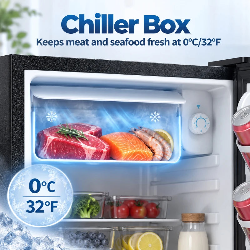 Black mini fridge chiller box compartment with 0°C/32°F cooling light and food tray.