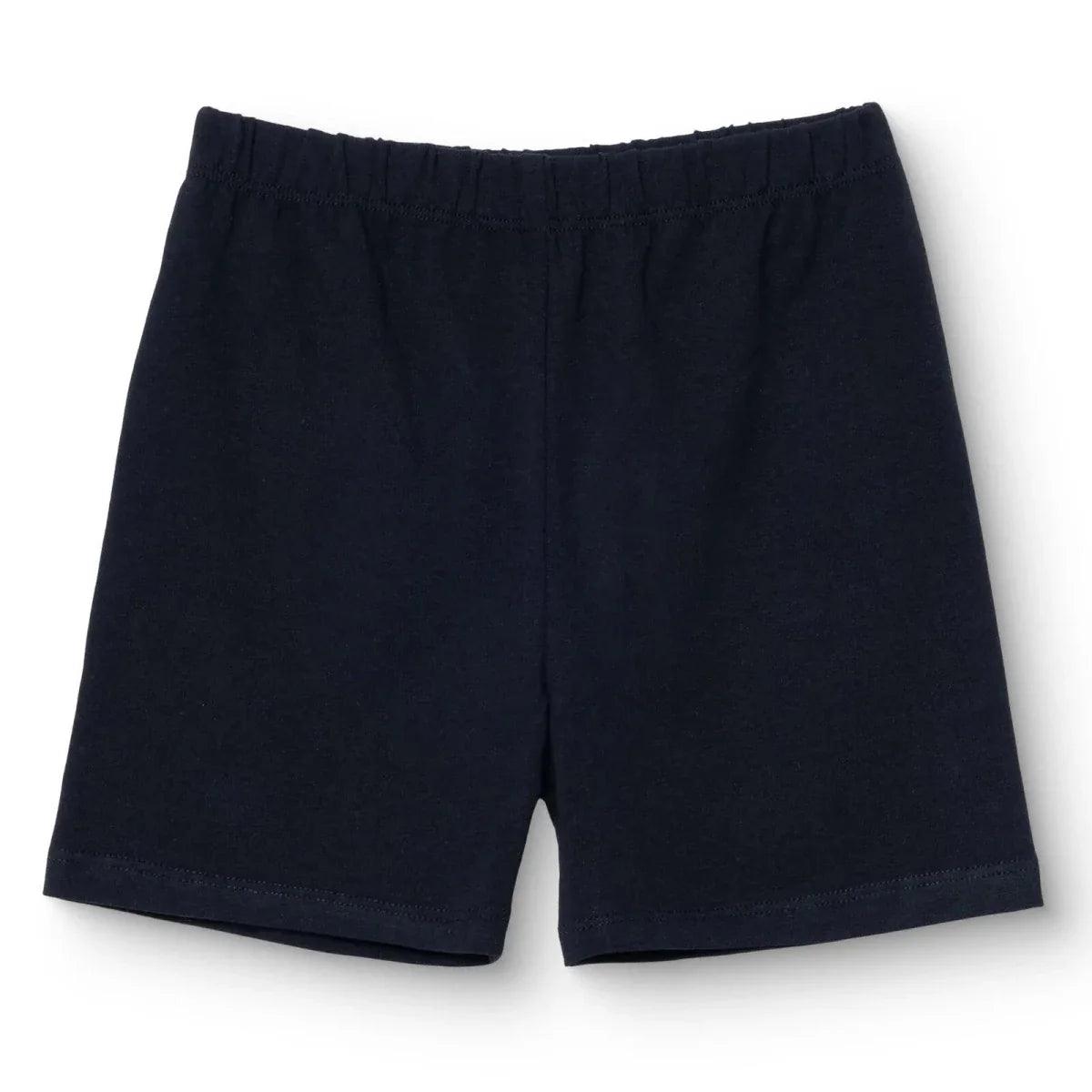 Black jersey baby shorts, full front view with elastic waistband