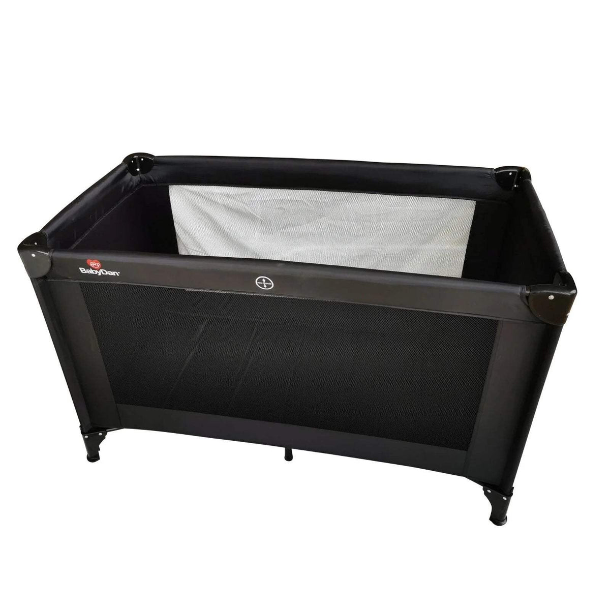 Black travel cot with mesh panel and raised rim on folding legs