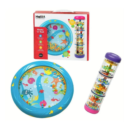 Halilit Shake 'n' Roll gift set: blue sea rattle and clear bead tube