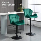 Green velvet bar stool set with tufted backs, black adjustable pedestal and footrest