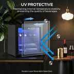 Black wine cooler with UV-protective double-layer glass door and blue-lit interior.