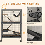 Grey wire small animal cage with hanging hammock, ramps, and 5-tier activity layout.