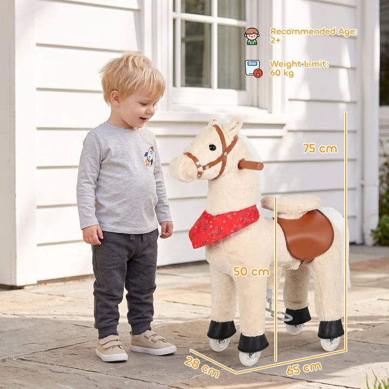 Light brown pedal ride-on walking horse toy with red skirt and brown saddle
