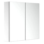 Stainless steel bathroom mirror cabinet with two mirrored doors in a clean front view