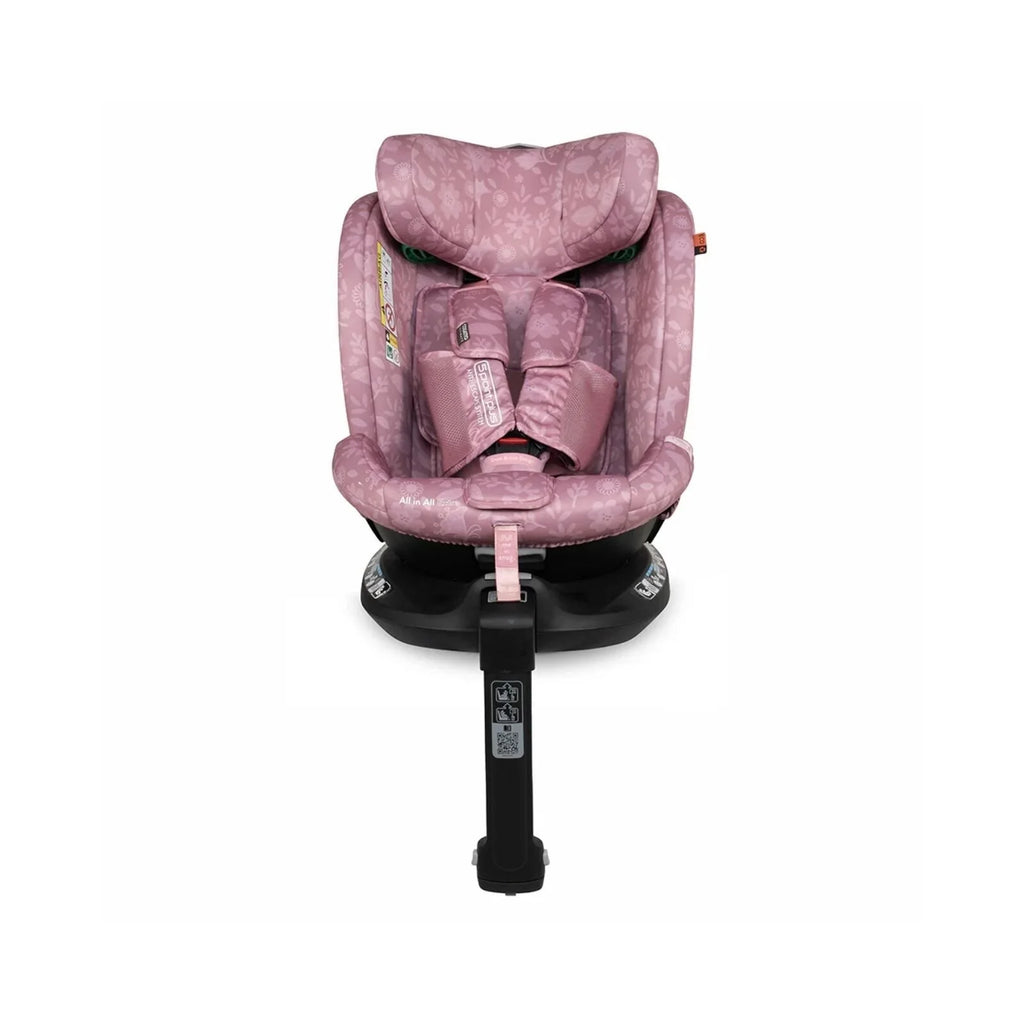 Pink patterned car seat with adjustable headrest and black rotating base, rear view