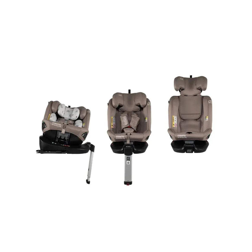 Child car seat with brown seat shell and removable grey animal-print cushion