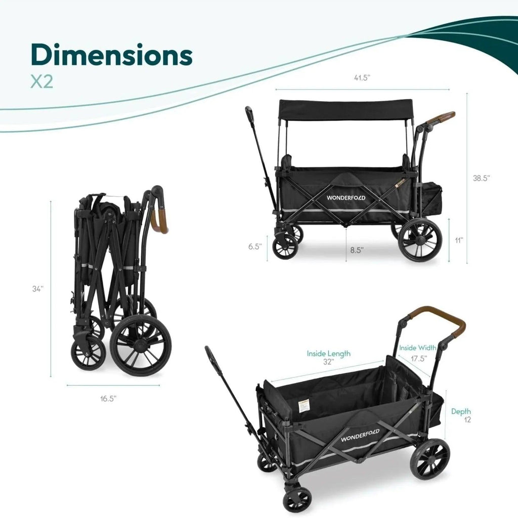 Quad stroller wagon dimensions chart with foldable frame and canopy