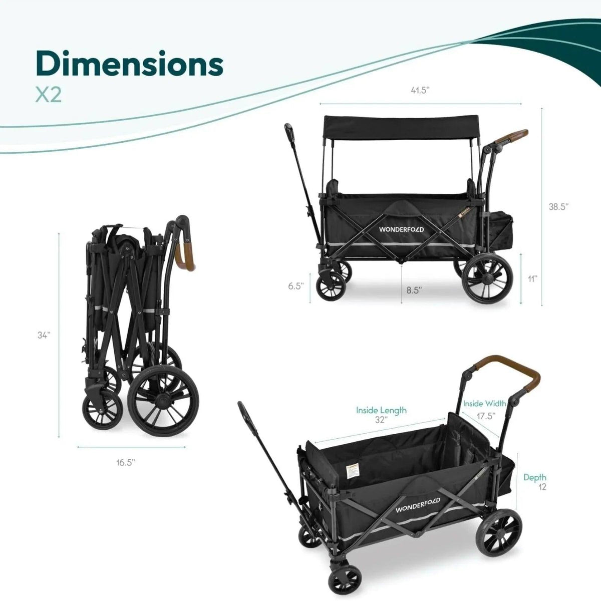 Quad stroller wagon dimensions chart with foldable frame and canopy