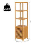 Natural bamboo tall cabinet with 3 shelves and slatted door, 140 cm height
