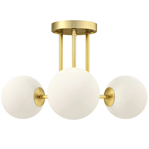 Gold 3-light ceiling fixture with frosted glass globe shades and cylindrical stems