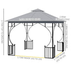 Light grey outdoor gazebo canopy with metal frame, hanging panels, and mesh side netting