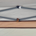 Corner joint of hexagonal gazebo frame with canopy fabric and brown base panel