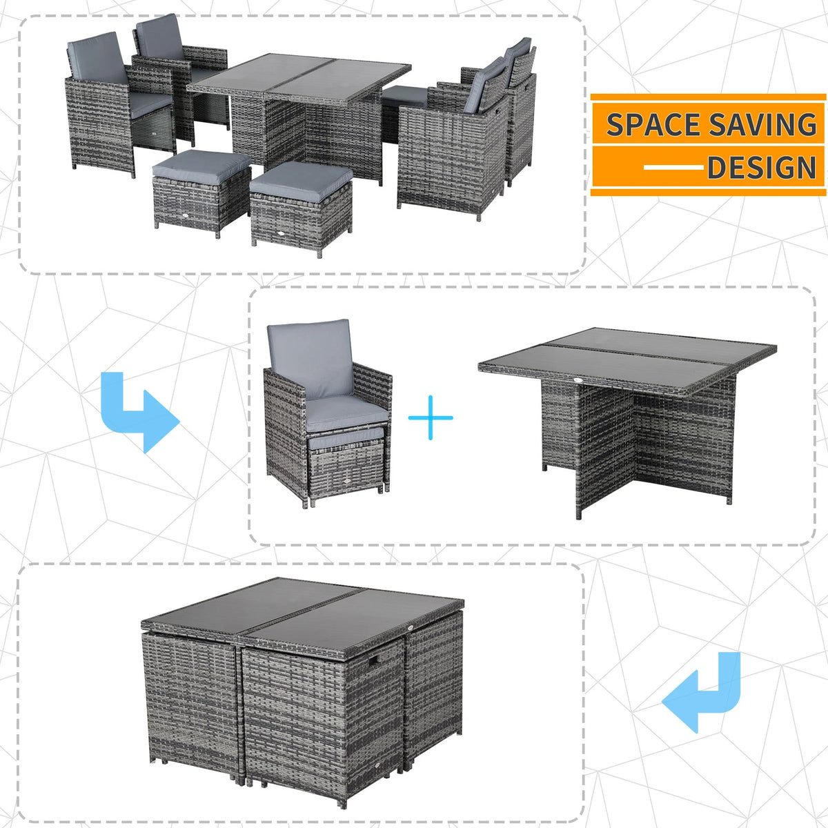 Grey rattan dining set demonstrating chairs and stools that tuck beneath the table