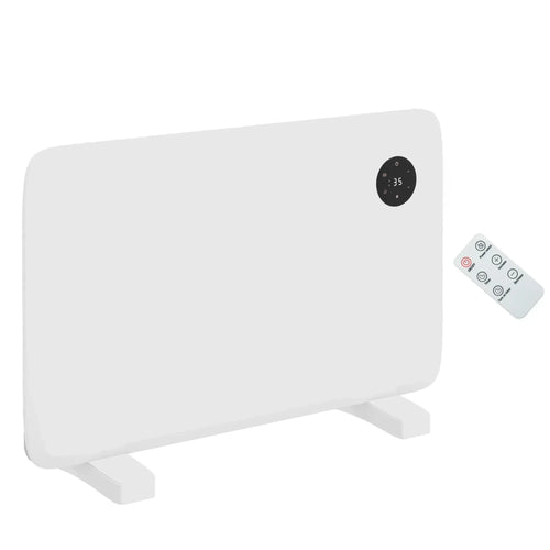 White electric convector heater with black thermostat dial and two floor feet, plus remote control.