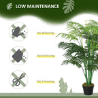 Artificial palm tree in black pot with full green fronds and upright stems