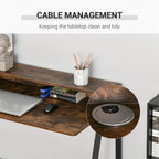 Rustic brown desk with cable management and two-tier storage surface