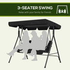 Black three-seat garden swing chair with canopy and hanging support frame