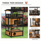 Three-tier wooden cat shelter with tilted roof, balcony railing, and jump platform