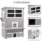 Grey three-tier wooden cat house with window panels, escape door, and jump platforms