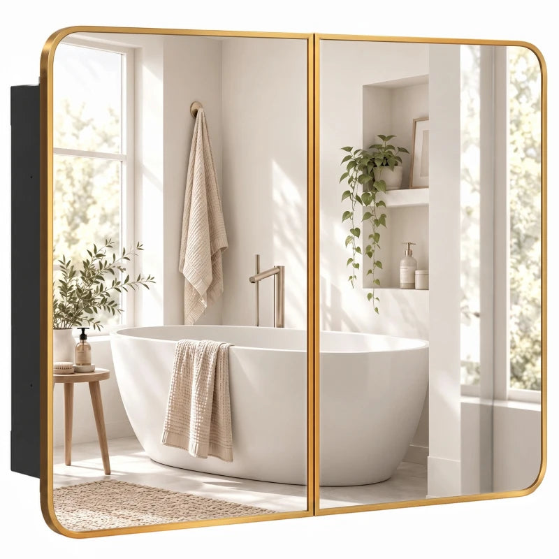 Gold-tone bathroom mirror cabinet with two hinged doors and rounded rectangular frame