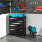 Black 5-drawer tool storage cabinet on caster wheels with lockable drawers