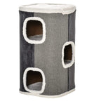 Grey sisal cat barrel scratcher with three soft plush cube doorways