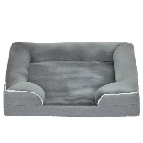 Grey pet sofa bed with padded bolsters, rectangular upholstered design