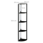 Black corner floor lamp, tall with three tier shelves; 163.5 cm height shown