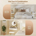 Set of two white floating bedside tables mounted together above a bed