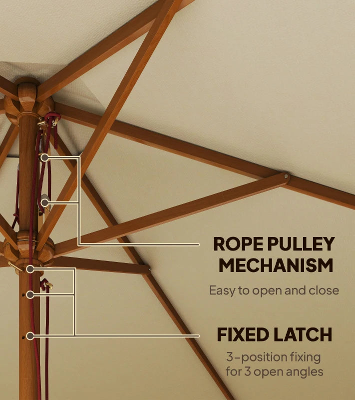 2.5m Wood Garden Parasol Sun Shade Patio Outdoor Wooden Umbrella Canopy, Table Market Umbrella with Vent, 38mm Pole, Rope Pulley Mechanism, Cream White