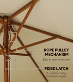 Wooden umbrella pole with rope pulley mechanism and fixed latch detail