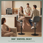 Green 360° swivel bar stool with curved upholstered seat and round pedestal base