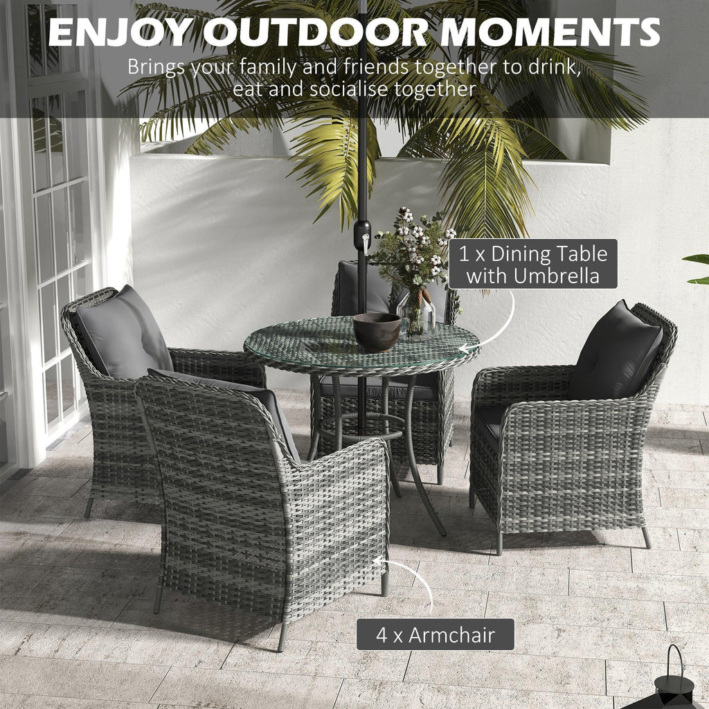 4 Seater Rattan Dining Set with Parasol & Cushions - Mixed Grey - Bobobiy