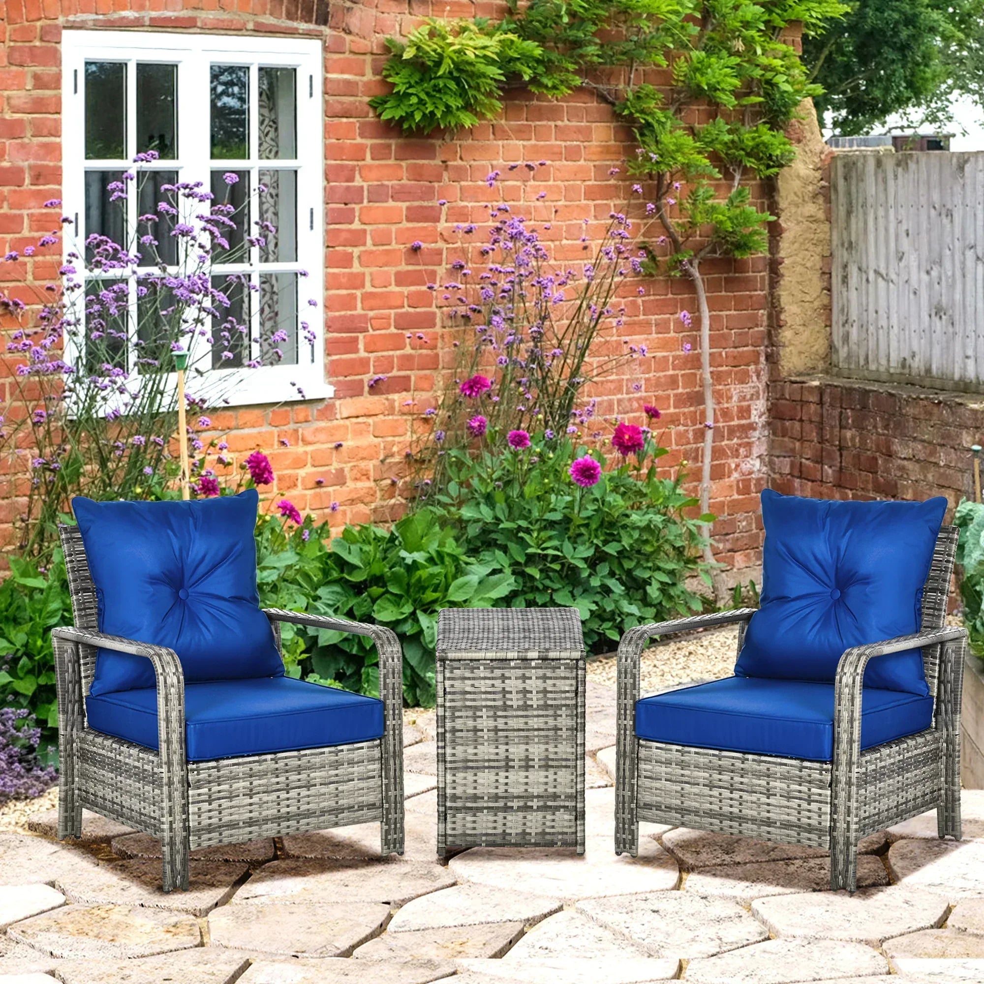 3 Pieces Rattan Bistro Set, Wicker Garden Furniture Set with Storage Coffee Table and Chairs, Thickened Cushions for Outdoor, Patio, Balcony, Blue - Bobobiy